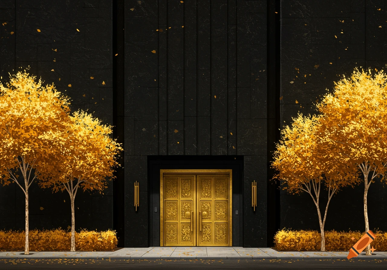 A black building with ornate golden doors and two trees with bright golden leaves on either side, with scattered leaves on the sidewalk.