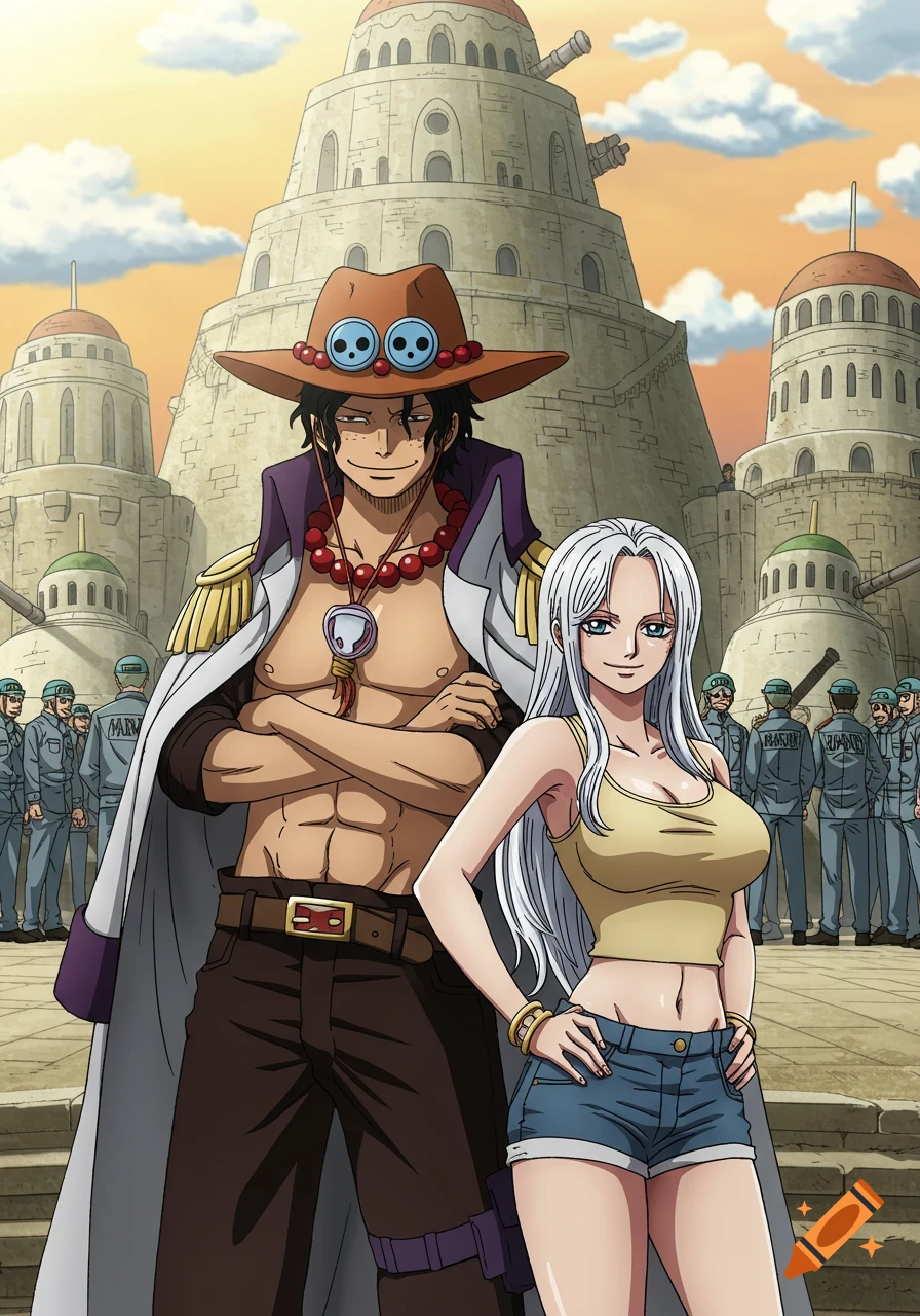 Anime art of Portgas D. Ace and a white-haired woman in a Marine Base. Ace is shirtless with a hat and coat, and the woman wears a tank top and shorts.