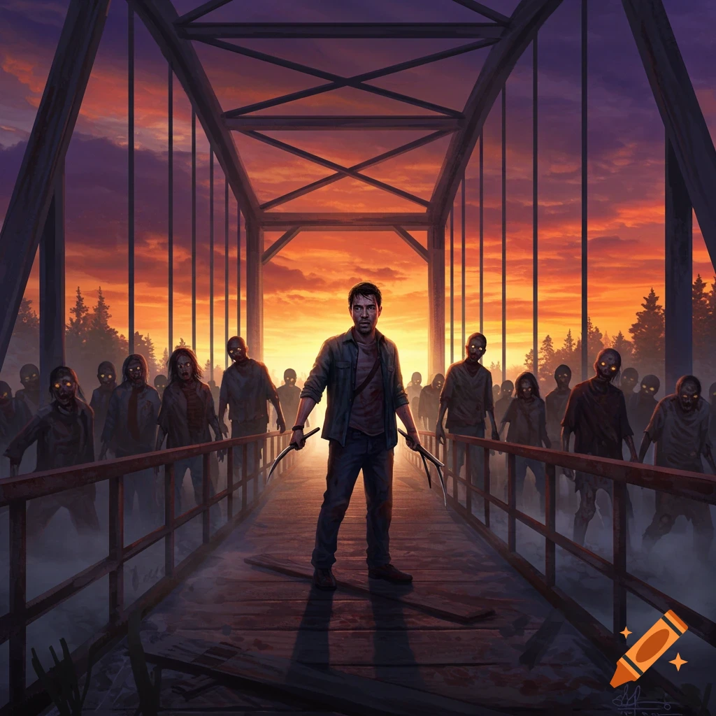 A lone man with two sickle-like weapons faces a horde of glowing-eyed zombies on a bridge at sunset, in a digital illustration style.