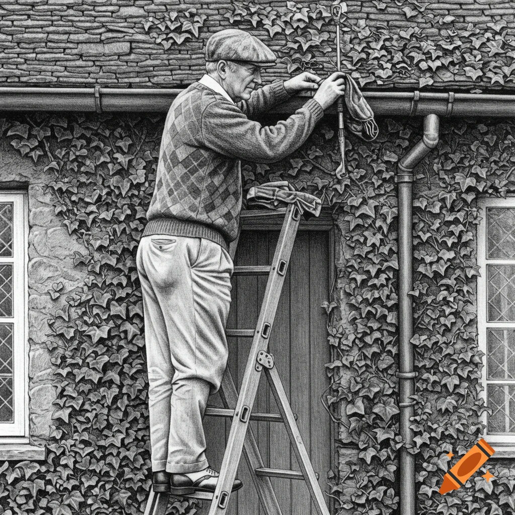 Black and white pencil drawing of a golfer on a ladder cleaning a gutter on an ivy-covered house.