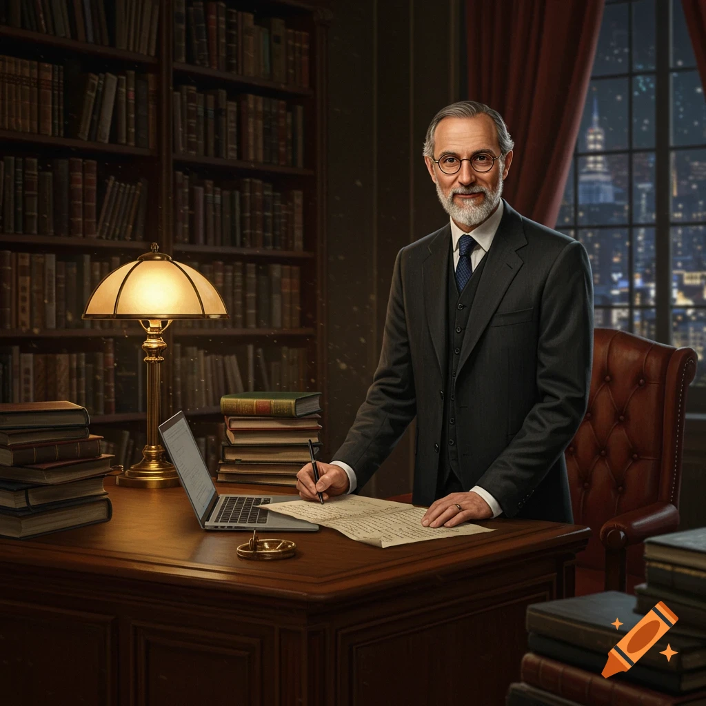 A distinguished man with glasses and a beard writes at a wooden desk in a luxurious study with bookshelves and a city night view.