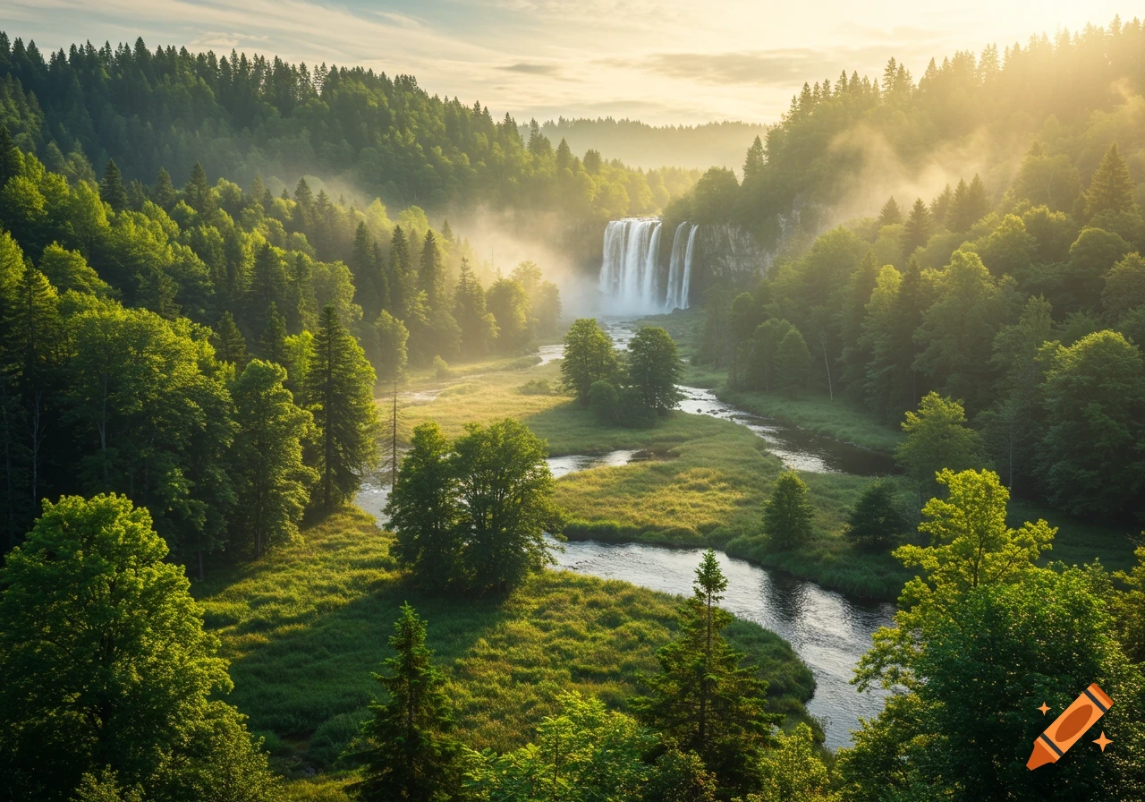 Golden sunlight illuminates a majestic waterfall flowing into a winding river through a dense, misty green forest at sunrise.