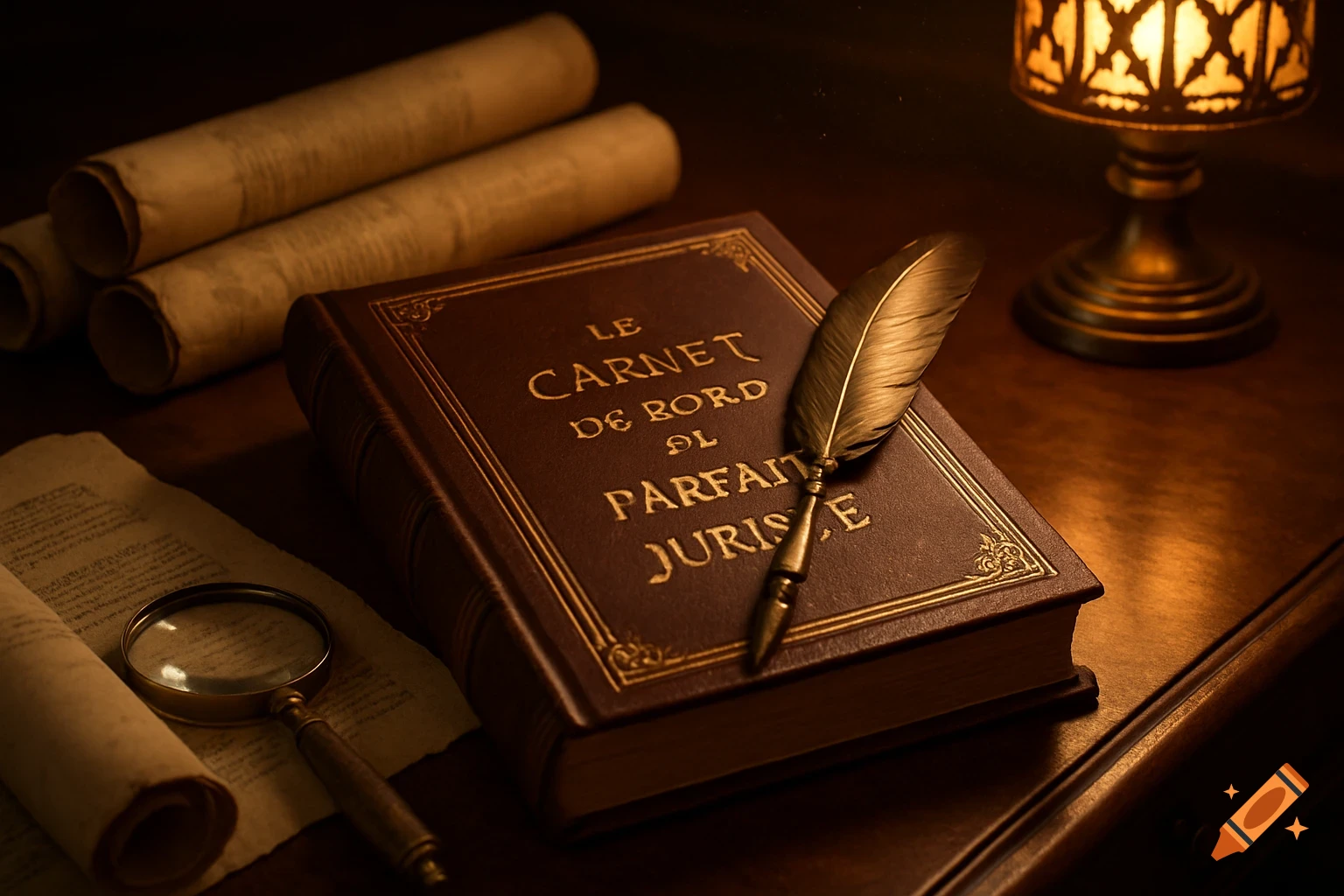 A vintage desk with a brown book titled "LE CARNET DE BORD DU PARFAIT JURISE", a golden quill, scrolls, a magnifying glass, and an illuminated lamp.