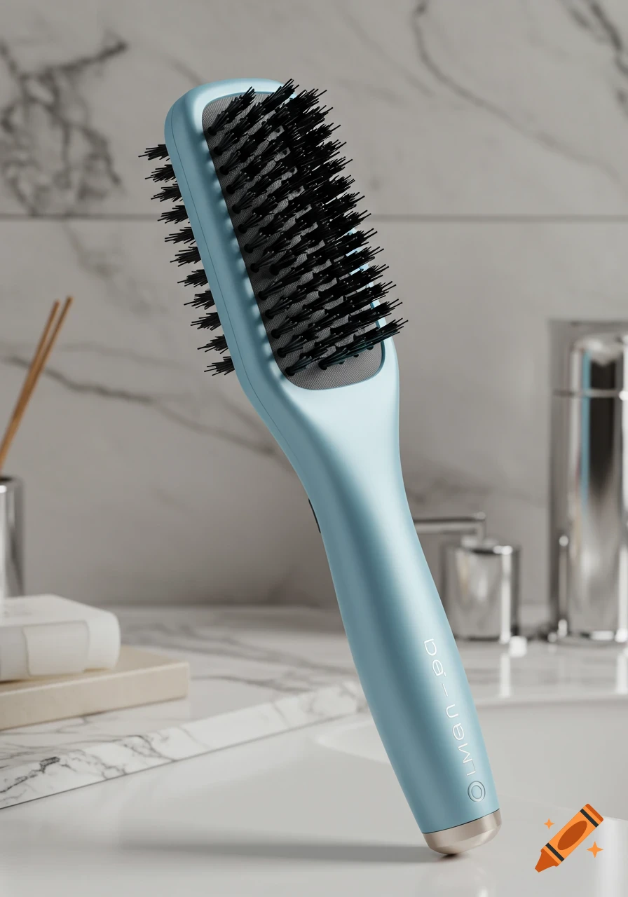 Light blue electric hairbrush with black bristles on a white marble countertop in a bathroom, photorealistic.