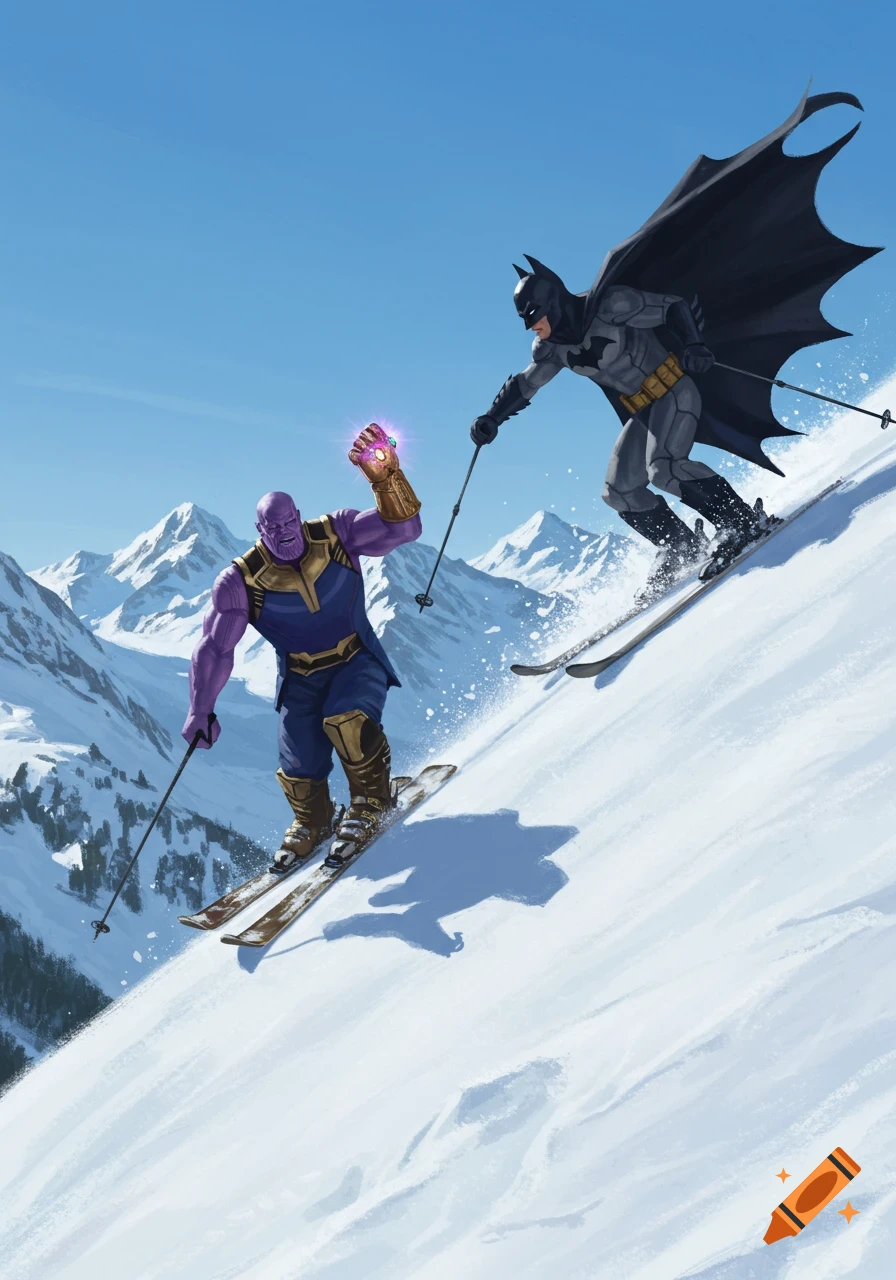 Thanos with the Infinity Gauntlet and Batman skiing down a snowy mountain under a clear blue sky.