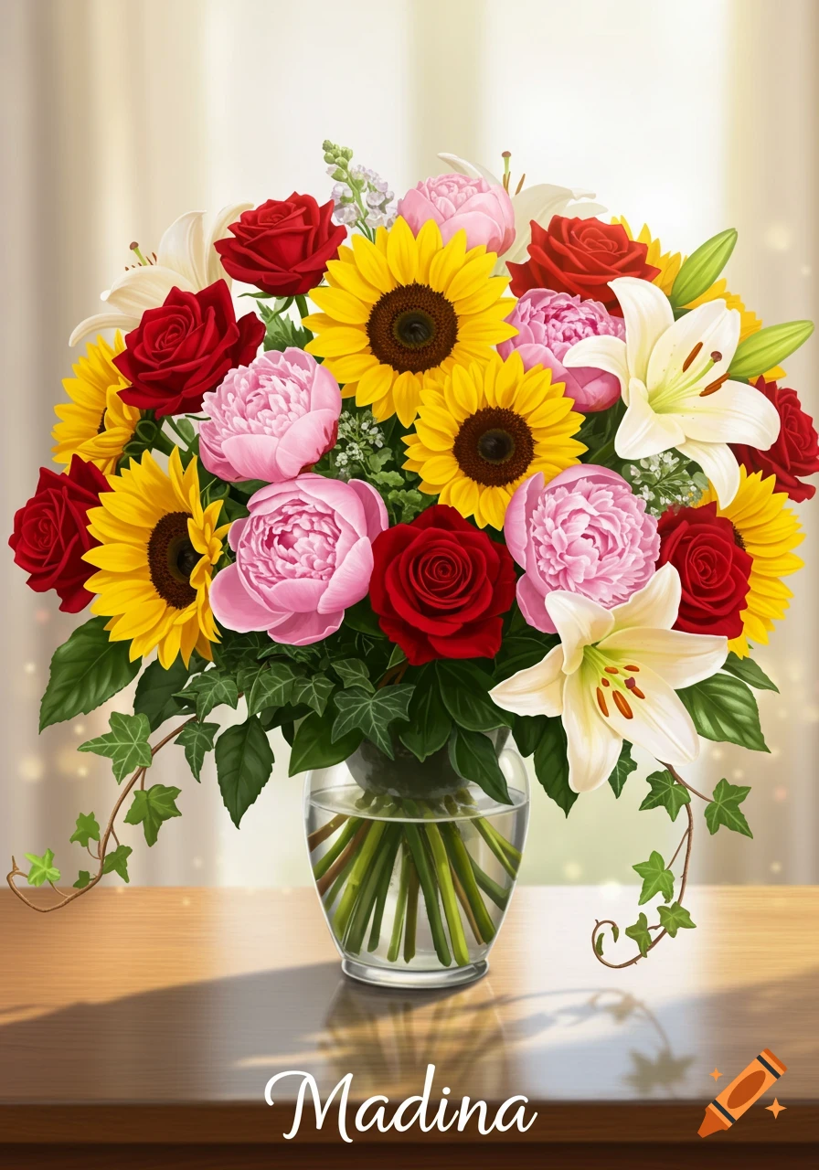 A vibrant bouquet of red roses, yellow sunflowers, pink peonies, and white lilies in a glass vase on a wooden table, with the name "Madina" below.