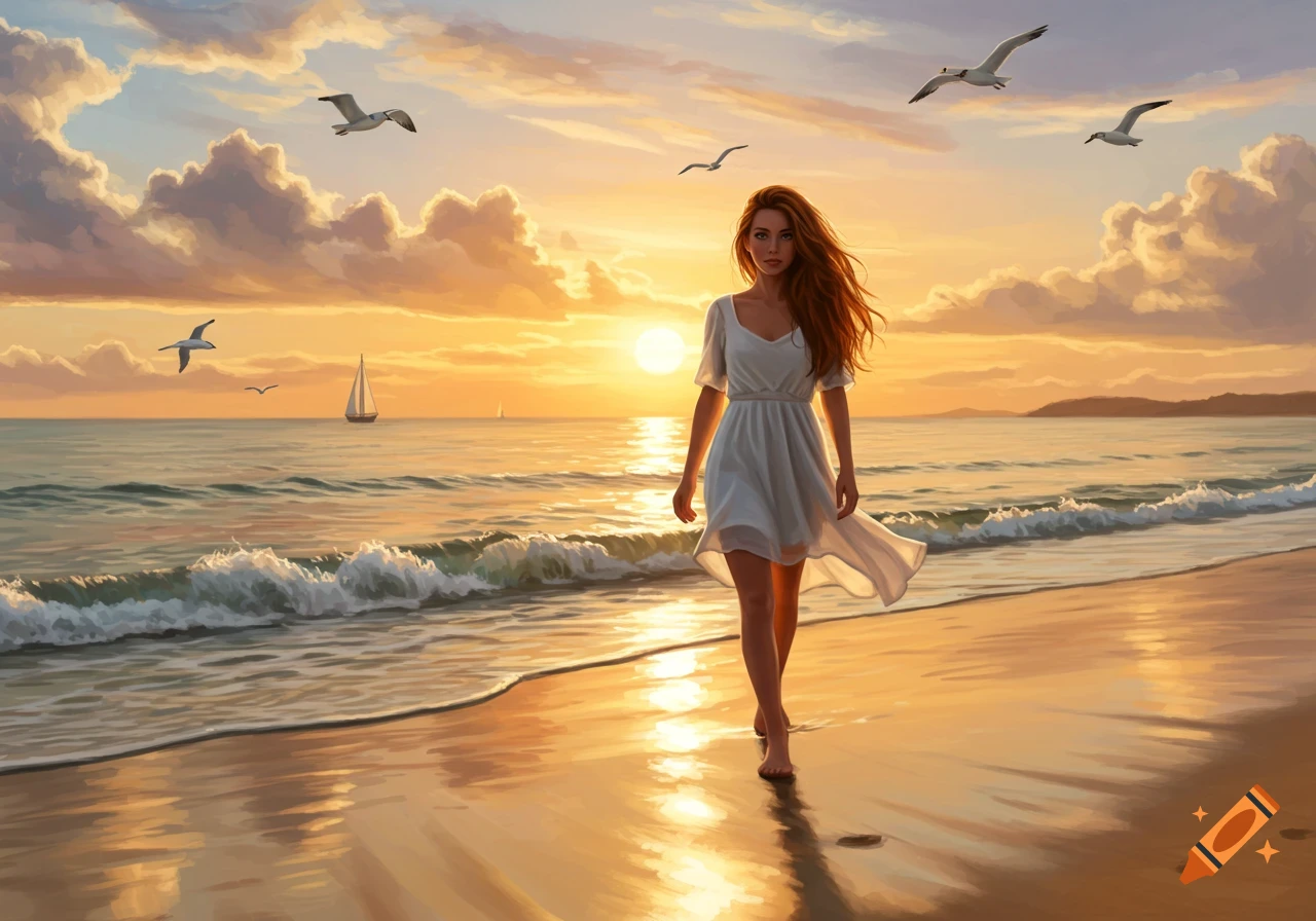 Red-haired woman in a white dress walks barefoot on a sunset beach with ...