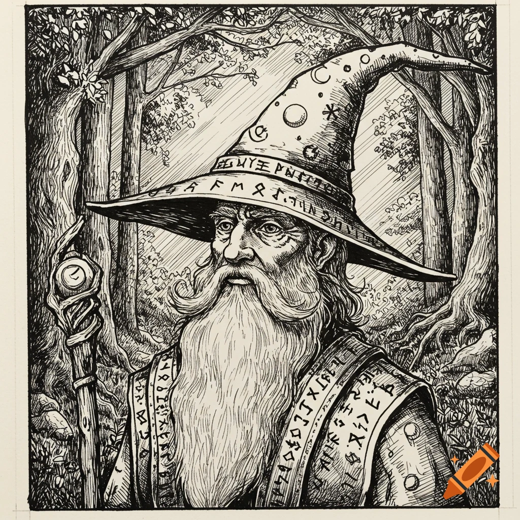 Black and white sketch of an old wizard with a long beard, pointy hat, and staff, standing in a forest.