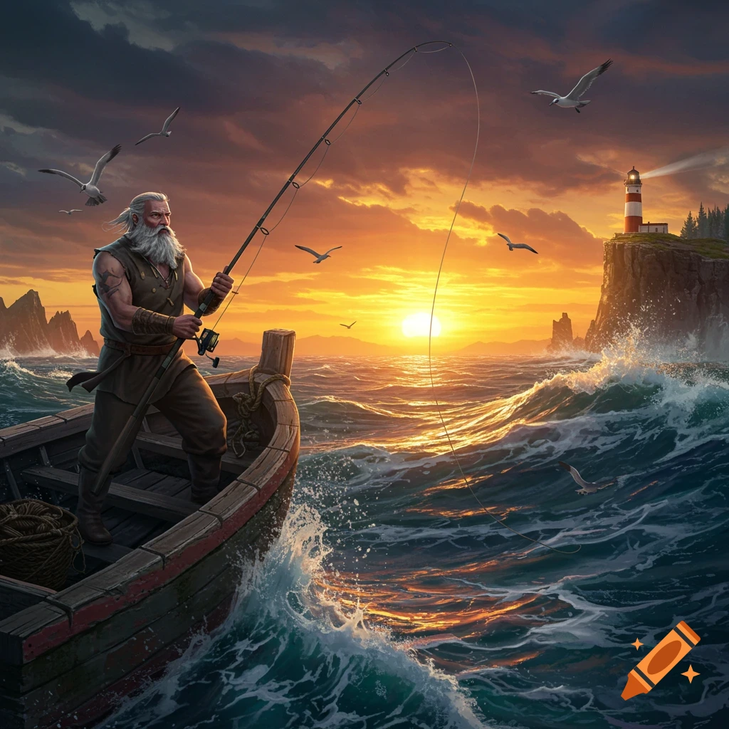 An old, bearded fisherman stands in a boat on rough seas at sunset, holding a fishing rod with a lighthouse in the distance.