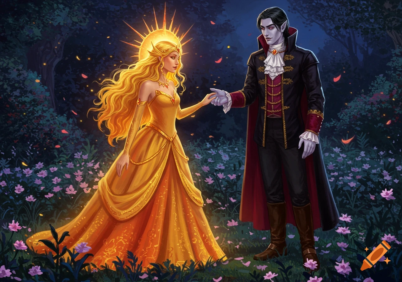 Digital painting of a glowing sun princess in a golden gown meeting a vampire prince in a dark forest at night.