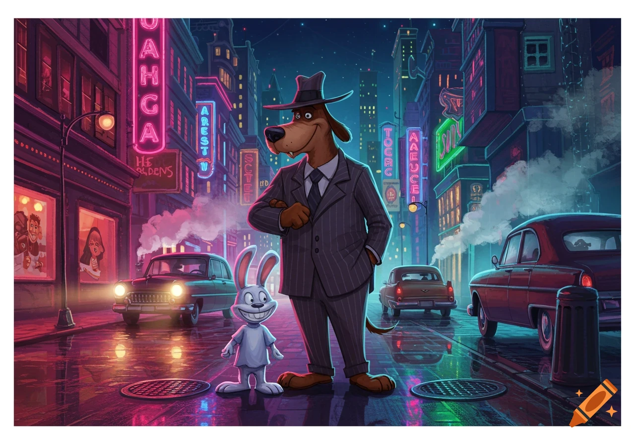 A cartoon dog detective in a suit and fedora stands next to a smiling white rabbit on a neon-lit city street with classic cars.