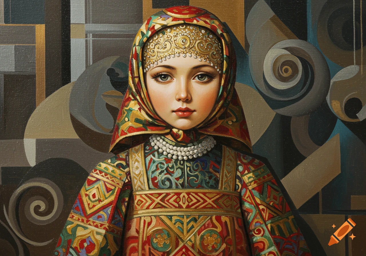 Stylized oil painting of a young woman in a vibrant, patterned Russian folk costume and headscarf, against an abstract Art Deco background.