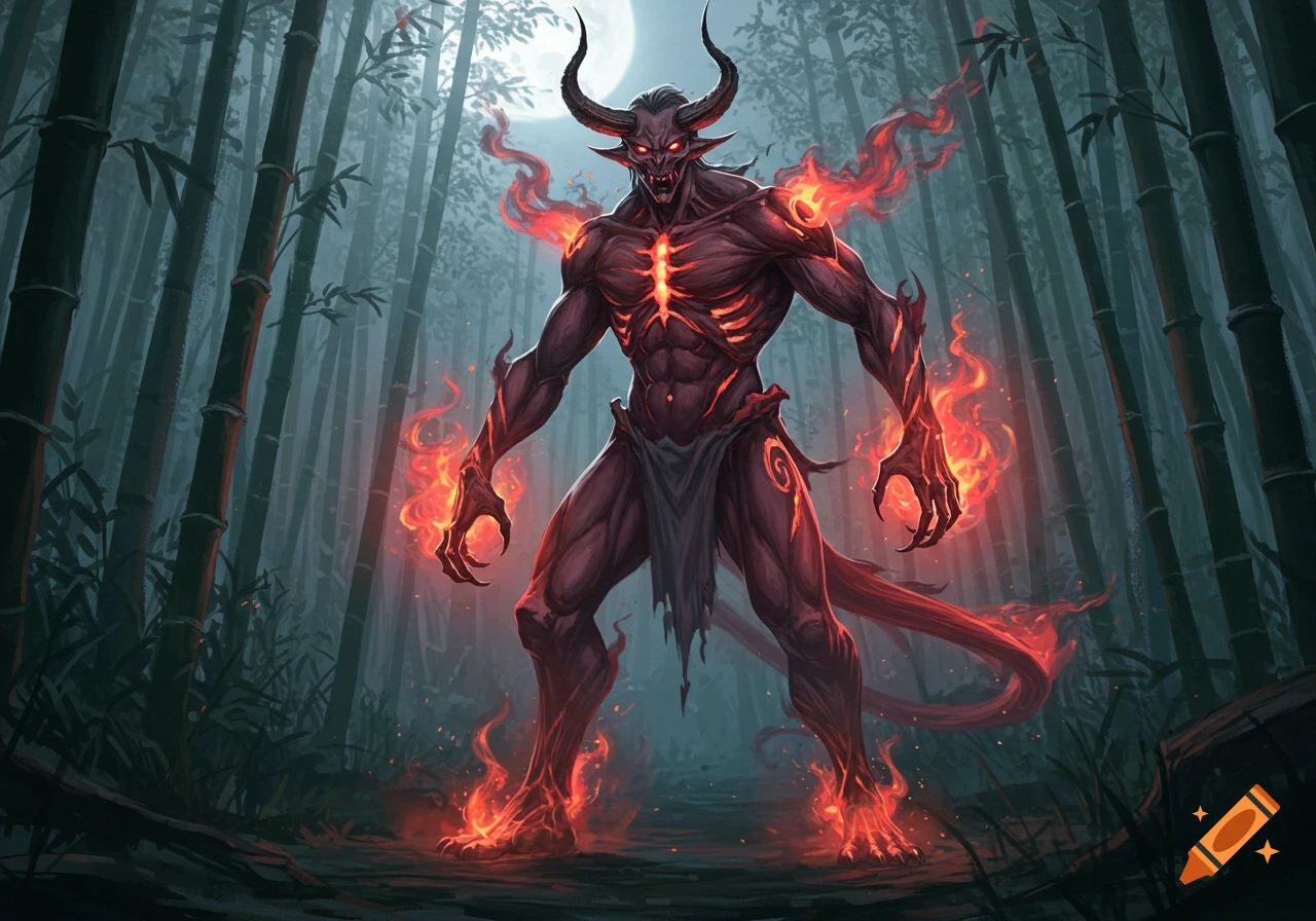 A horned red demon with glowing eyes and fiery hands stands in a dark bamboo forest under a full moon, in a fantasy art style.