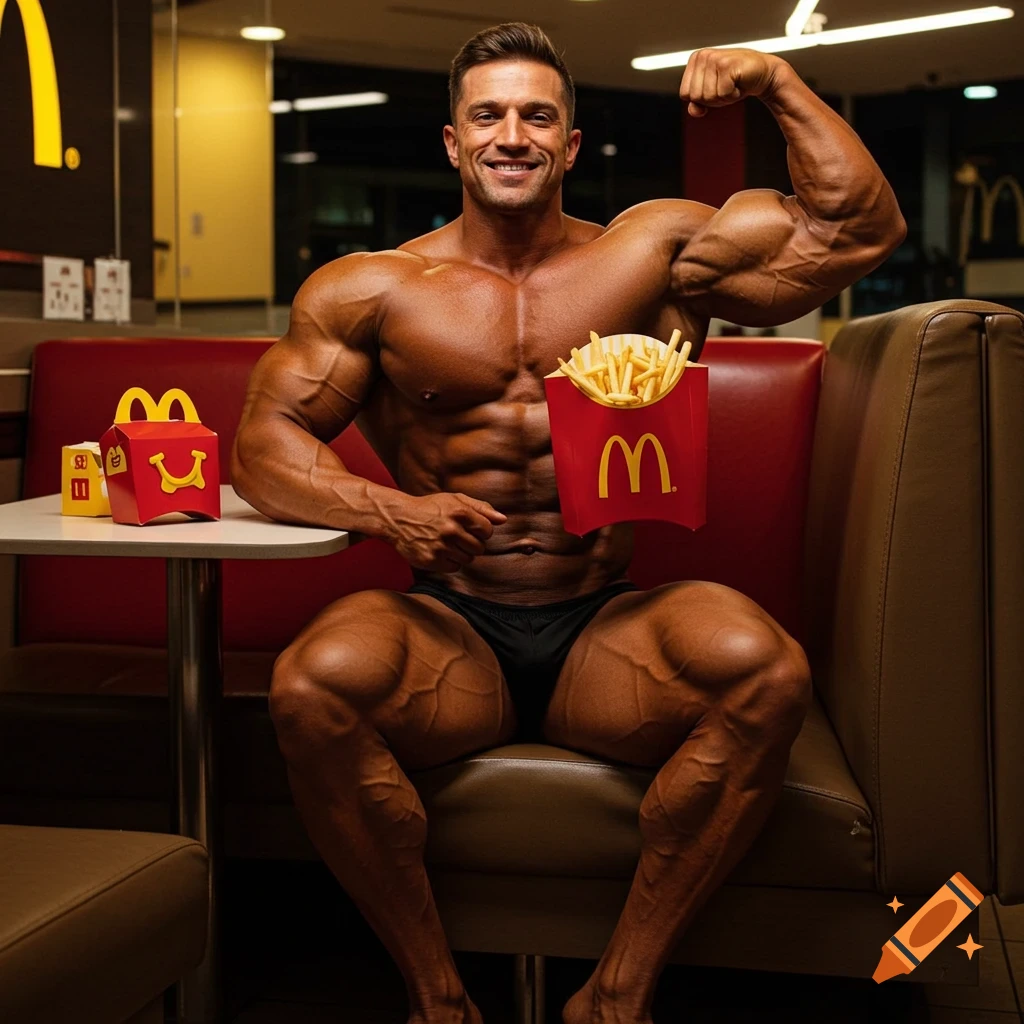 A smiling, very muscular bodybuilder in posing trunks sits in a McDonald's booth, flexing his bicep and holding a large fries.
