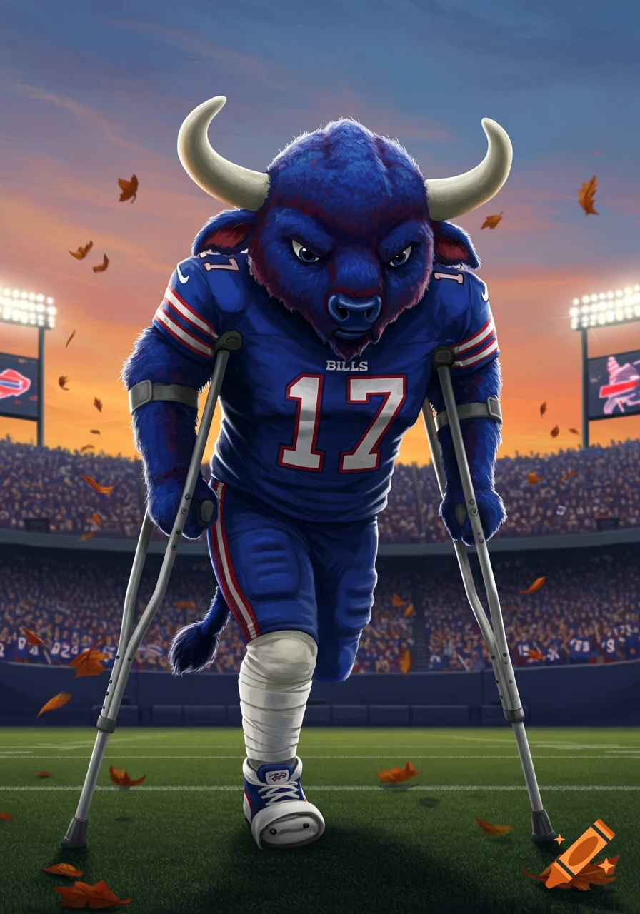 A blue Buffalo Bills mascot in a blue jersey with 'BILLS 17' walks on crutches with a bandaged knee on a football field at sunset, with autumn leaves falling.
