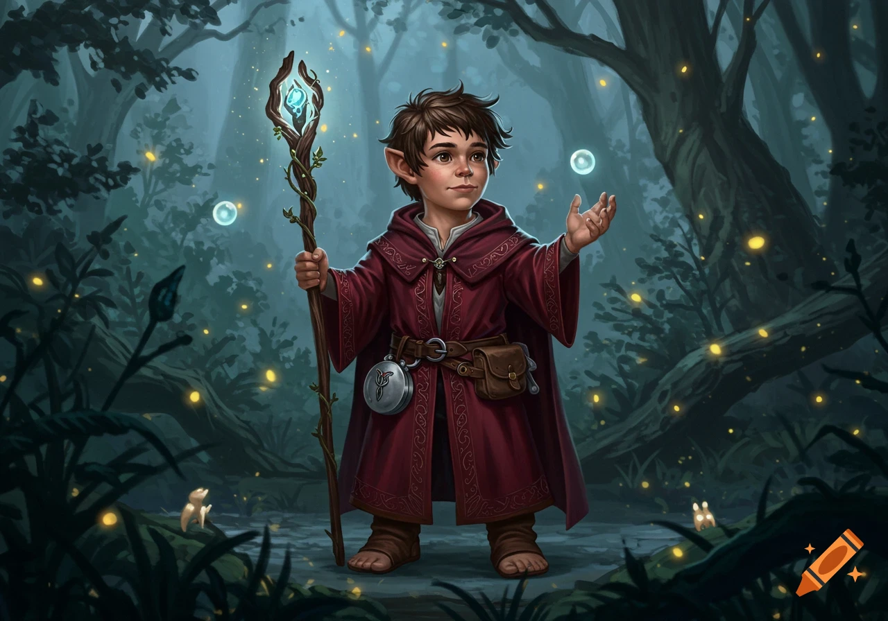 A young halfling wizard in a red robe holds a glowing staff in a magical, misty forest with fireflies.