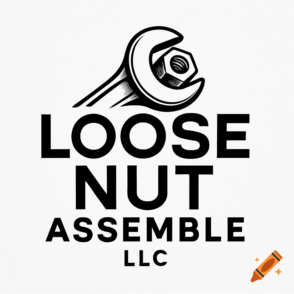 Black and white 2D logo for LOOSE NUT ASSEMBLE LLC, featuring a wrench twisting a nut that replaces the 'O' in 'LOOSE'.