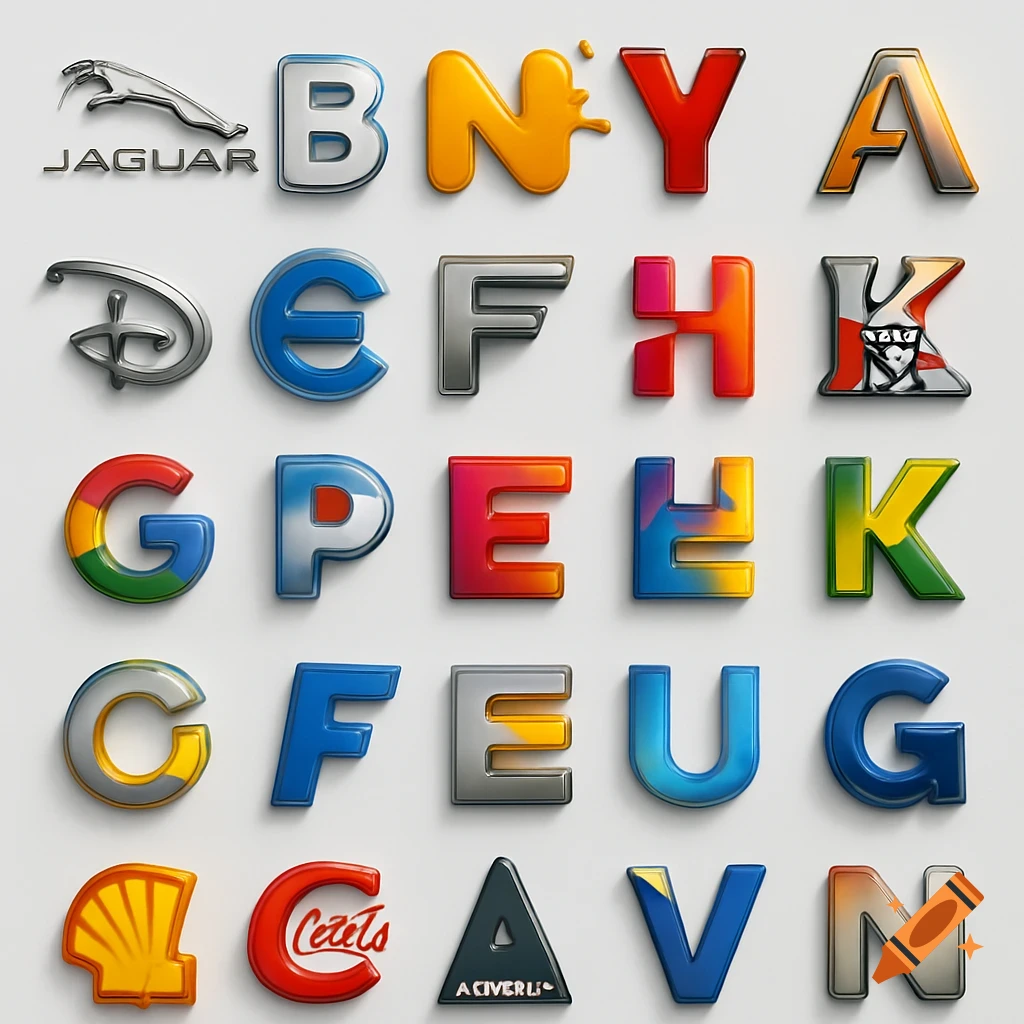 A grid of 3D stylized letters, some resembling famous brand logos like Jaguar and Disney, with vibrant colors and metallic textures on a white background. Some text on the letters is garbled.