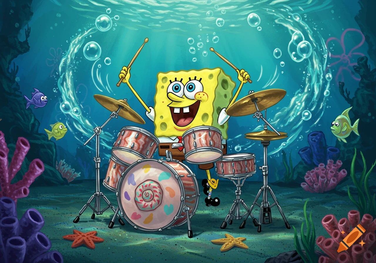 SpongeBob SquarePants joyfully plays a drum kit underwater, surrounded by fish, coral, and bubbles in a vibrant cartoon style.