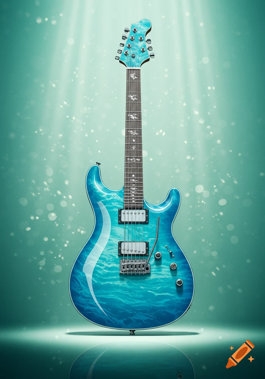 A vibrant ocean blue electric guitar with a wavy textured body stands under spotlights, surrounded by bokeh lights.