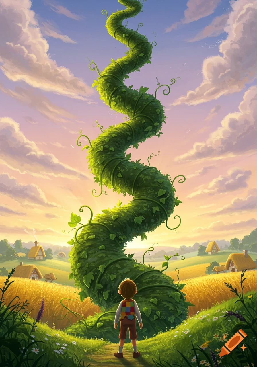 A young boy looks up at a massive, winding green beanstalk in a vibrant storybook illustration, with fields and houses below.