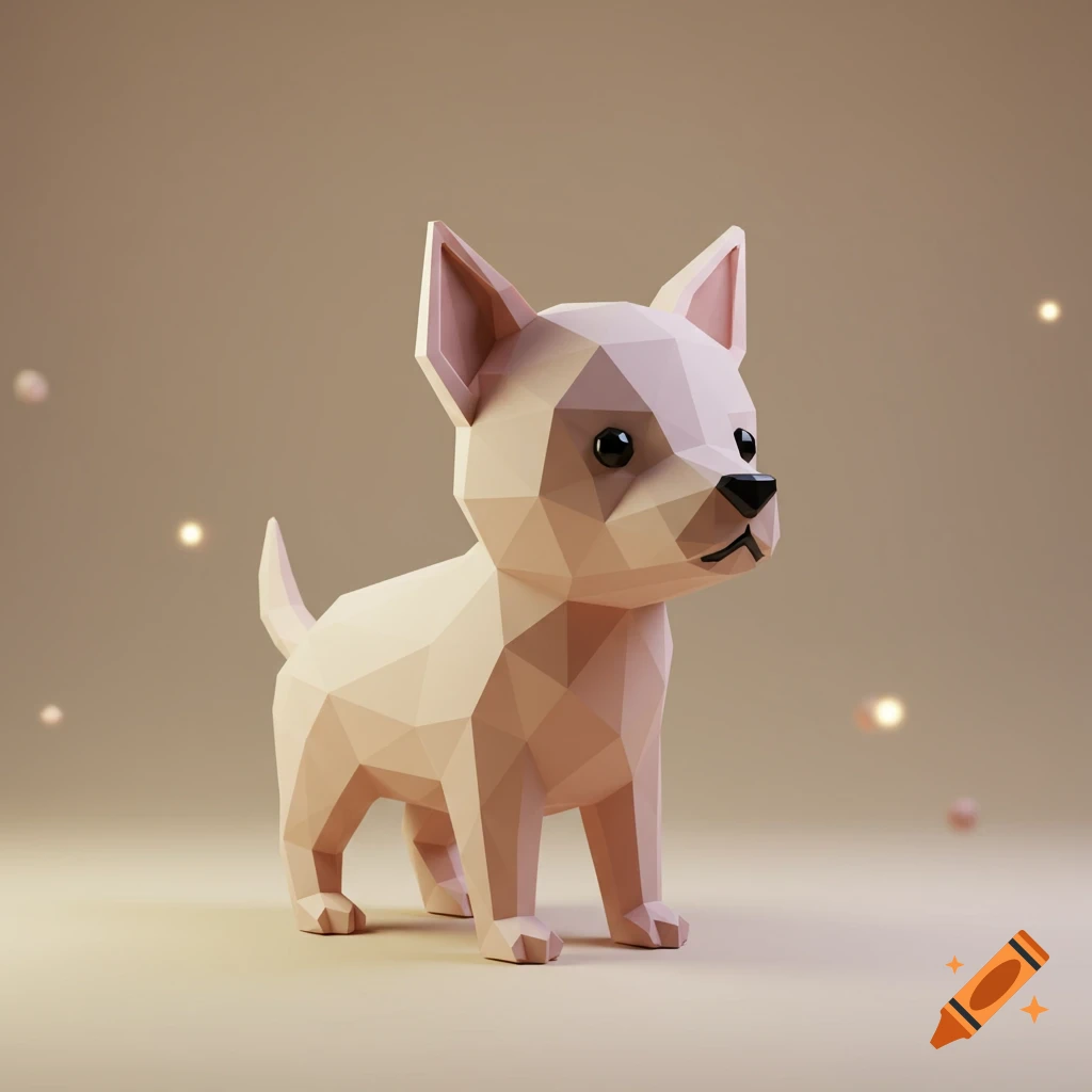 A low-poly 3D render of a light brown dog, resembling a chihuahua, standing on a soft beige surface with blurred light orbs.