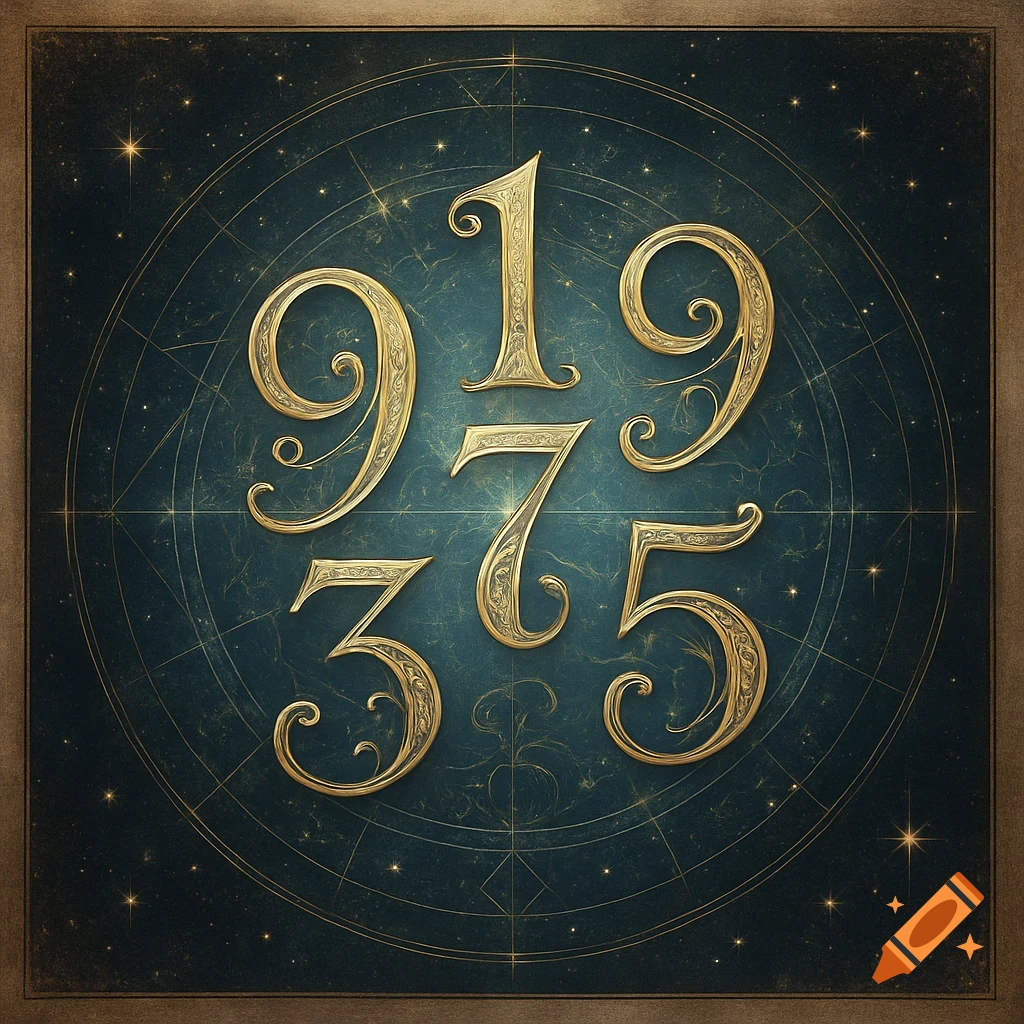 Golden ornate numbers 9, 1, 9, 7, 3, 5 arranged on a dark blue starry background with celestial lines and a brown border.