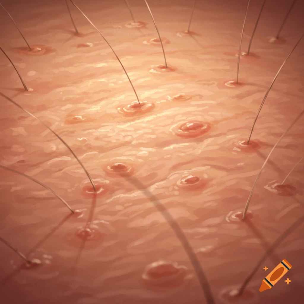 Close-up microscopic illustration of skin with hair follicles and individual hairs emerging from the surface.