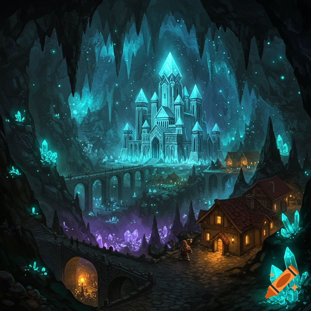 A vibrant fantasy illustration of a dwarf city within a vast cavern, featuring a grand palace and houses illuminated by glowing crystals.