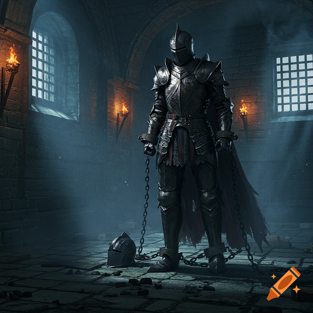 A knight in dark armor with his helmet off, shackled, stands in a misty stone dungeon lit by torches.