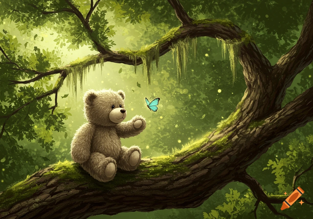 A fluffy teddy bear sits on a mossy tree branch, gently reaching toward a turquoise butterfly in a lush, luminous green forest.