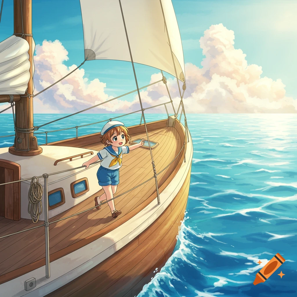 An anime child in a sailor suit stands on the deck of a sailboat, looking out at the sunny ocean.