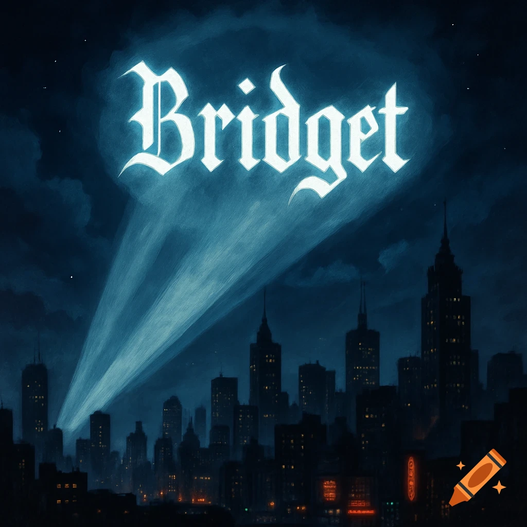 A stylized night cityscape with a searchlight projecting the name "Bridget" in a white, ornate font onto dark clouds.