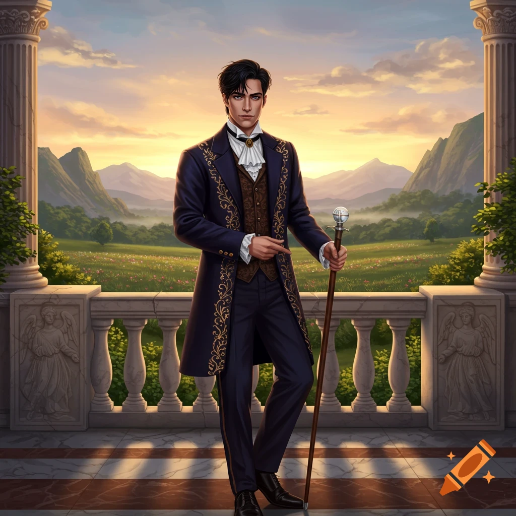 A man in a navy blue historical coat with gold embroidery stands on a grand balcony, holding a cane, overlooking a scenic valley at sunset.