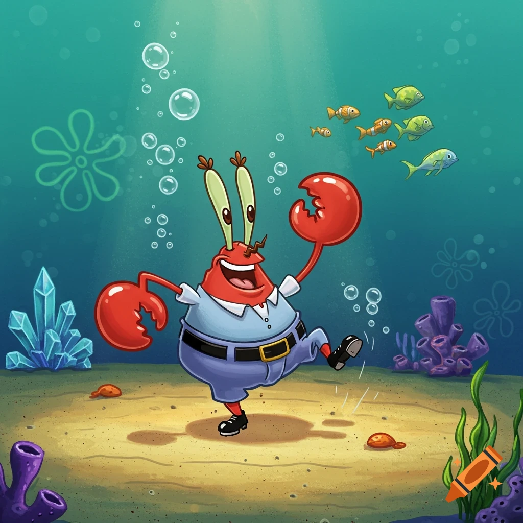 Mr. Krabs tap dancing underwater with black shoes, surrounded by bubbles, fish, and coral.