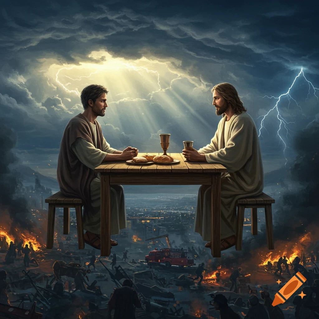 Oil painting: Jesus and a man share a meal at a floating table above a burning city under stormy, lightning-filled skies.
