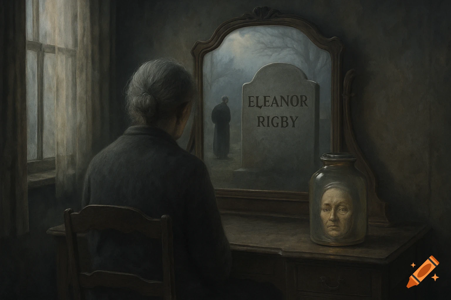 A somber, symbolic painting of an elderly woman sitting at a vanity, her mirror reflecting a tombstone reading 'Eleanor Rigby' in a graveyard. A face in a jar sits on the vanity.