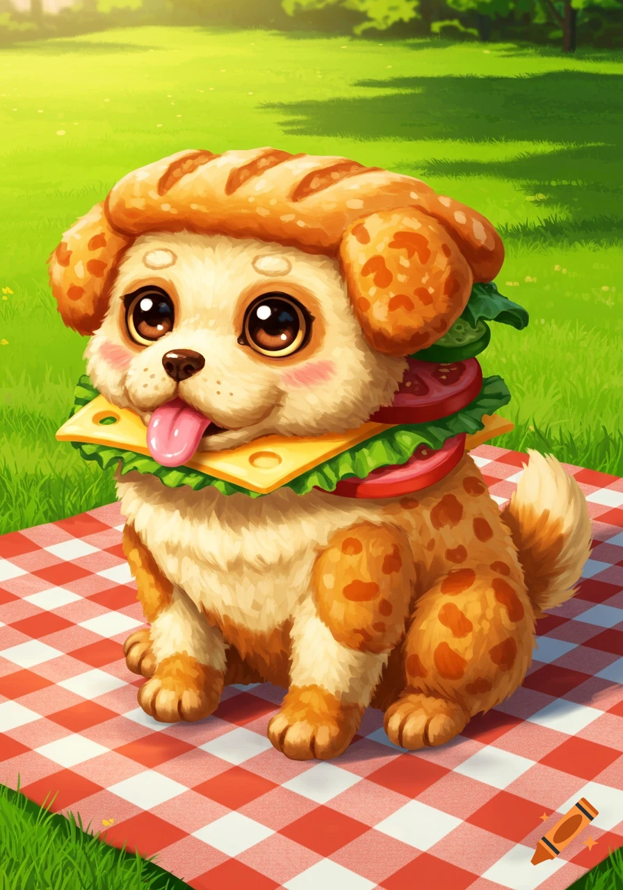 A cute cartoon dog dressed as a sandwich, with a baguette bun hat and lettuce, tomato, and cheese collar, on a picnic blanket.