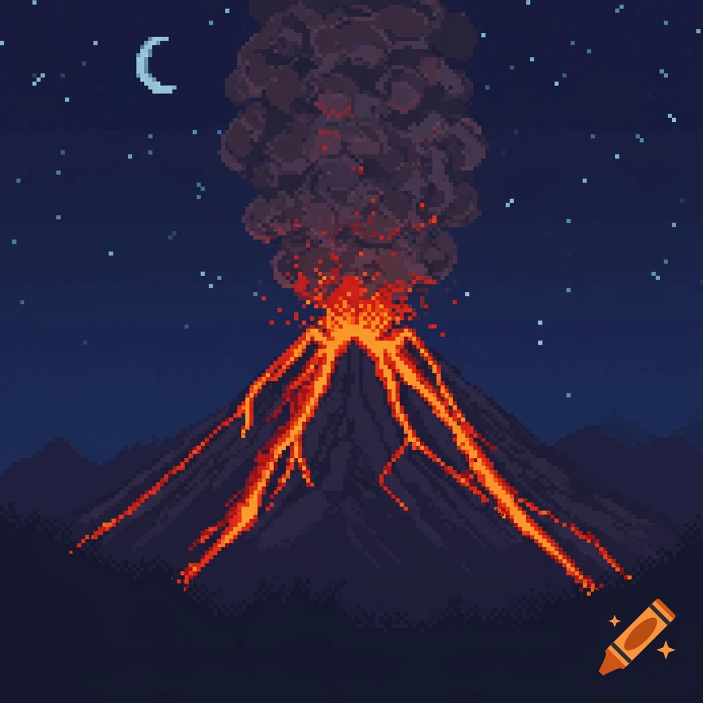 Pixel art of a volcano erupting at night, with bright orange lava flowing down its dark slopes under a starry sky with a crescent moon.