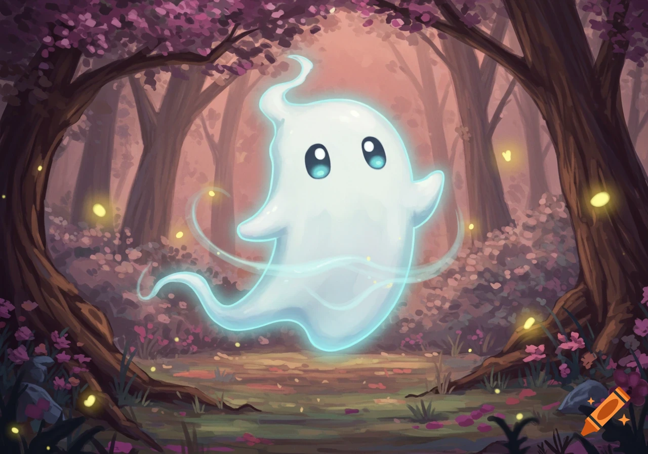 A cute, glowing white ghost with large blue eyes floats in a magical forest with pink foliage and glowing specks.