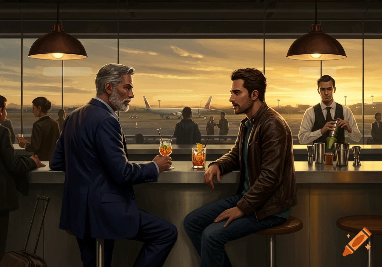 Two men talking and drinking at an airport bar with planes outside a large window at sunset, digital art.