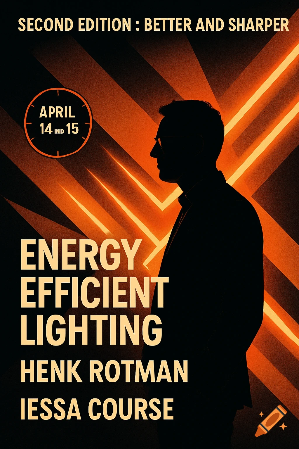 A dark promotional poster for an "Energy Efficient Lighting" course. It features a man's silhouette, orange neon lines, and course details including "April 14 IND 15".