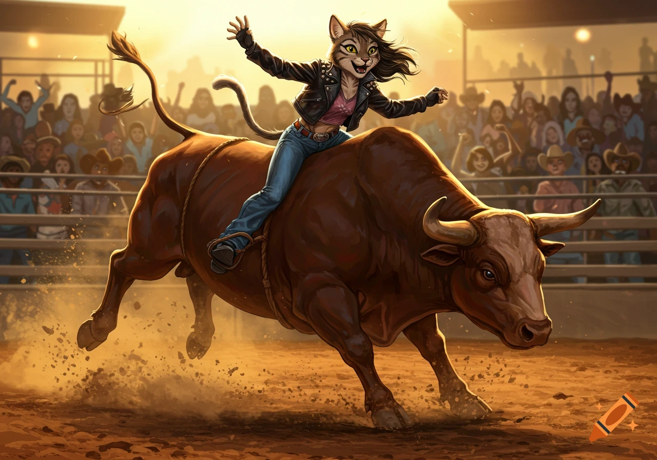 A cat girl in a leather jacket rides a bucking bull in a dusty rodeo arena with a cheering crowd.