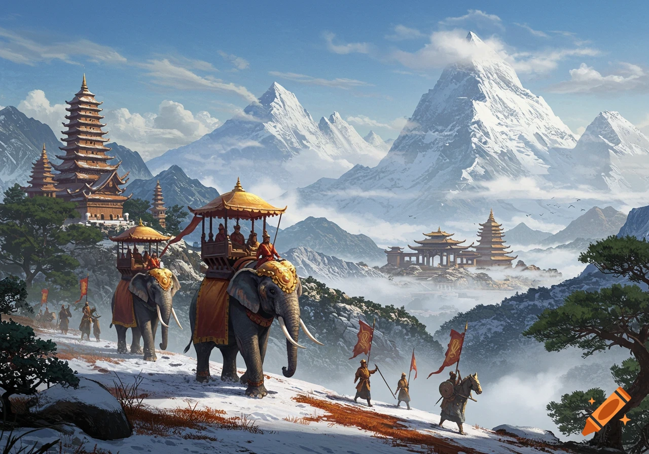 Elephants carry riders and soldiers trek through a snowy mountain pass past ornate pagodas under a blue sky, in an epic fantasy style.