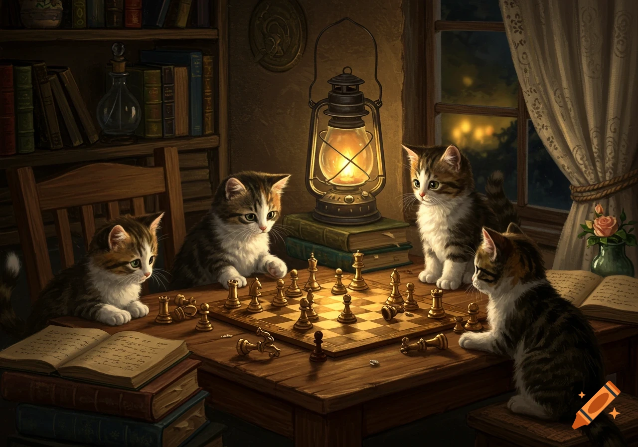 Four cute tabby kittens playing chess on a wooden table, illuminated by a lantern in a cozy, dimly lit room with bookshelves.