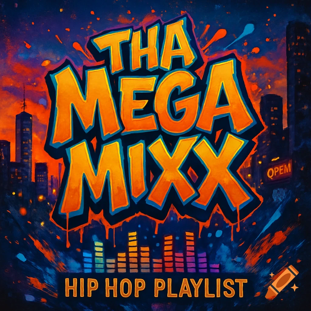 An energetic album cover with stylized orange and blue graffiti text "THA MEGA MIXX" over a dark cityscape at sunset, with colorful equalizer bars and "HIP HOP PLAYLIST" below.