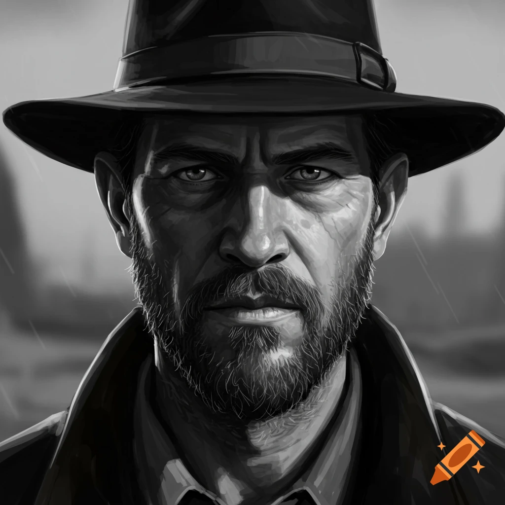 Close-up, black and white portrait of a serious man with a beard and fedora, looking intensely at the viewer.