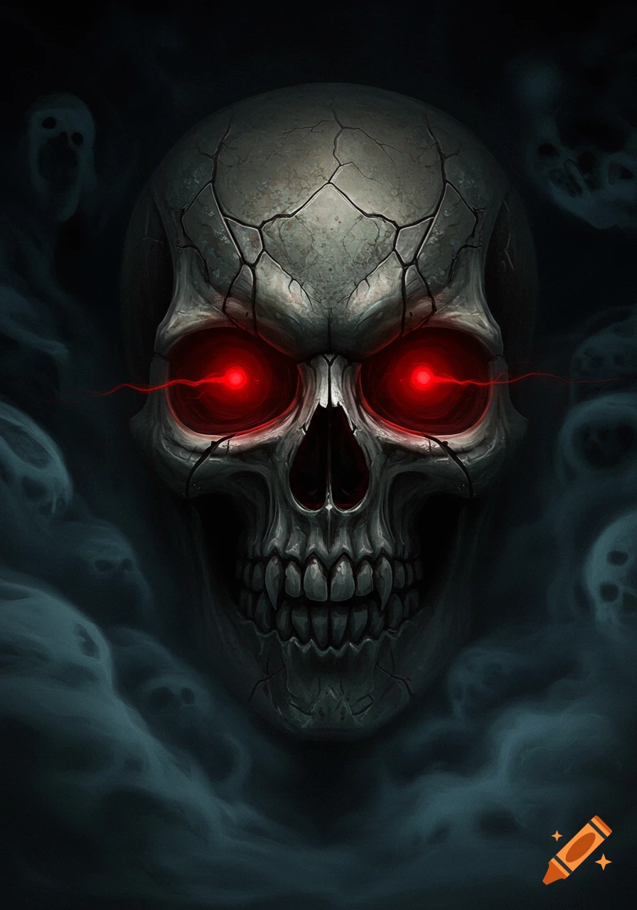 A menacing, cracked skull with glowing red eyes emerges from dark mist, surrounded by ghostly figures.