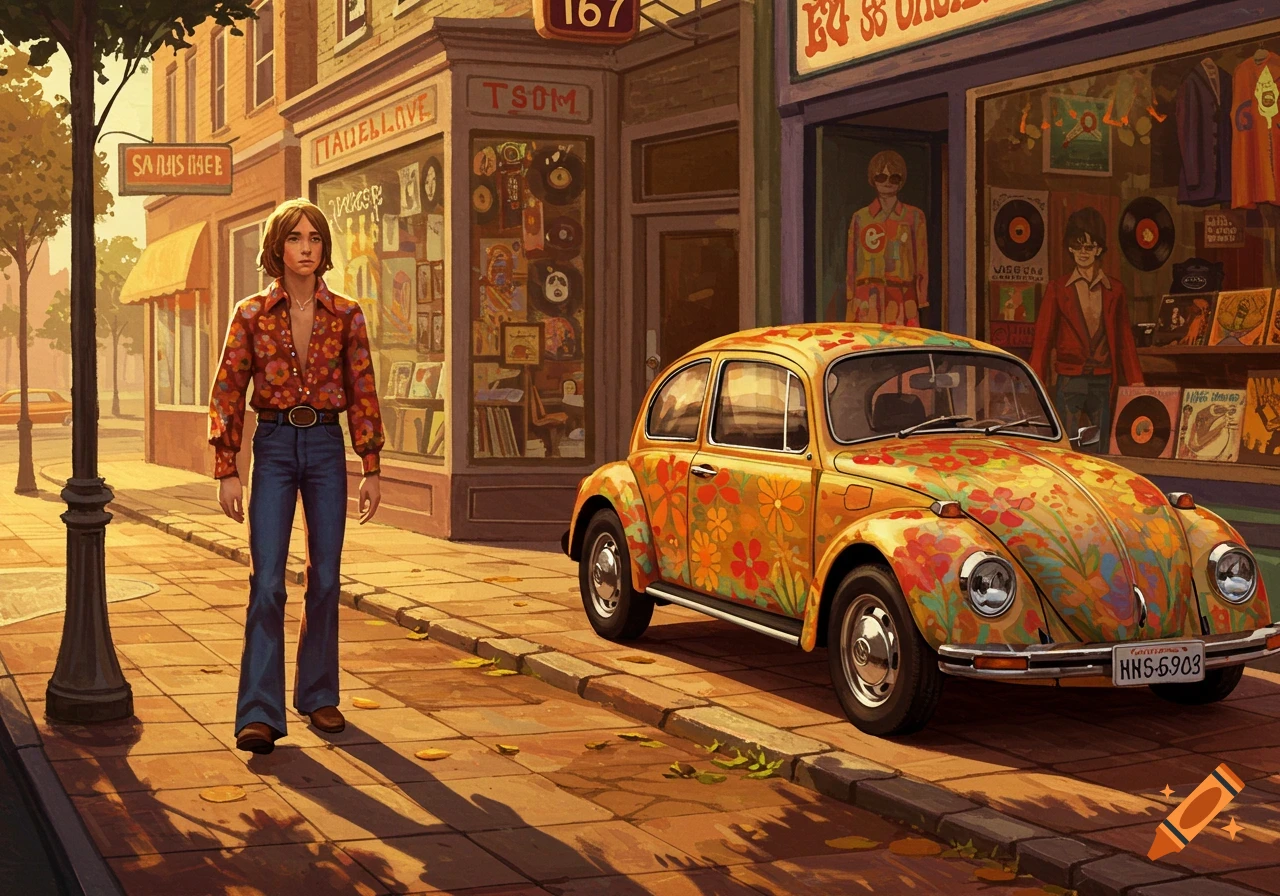 A young man in a patterned shirt and bell-bottoms stands on a sunlit sidewalk next to a flower-painted VW Beetle, in a 1970s-style street scene.