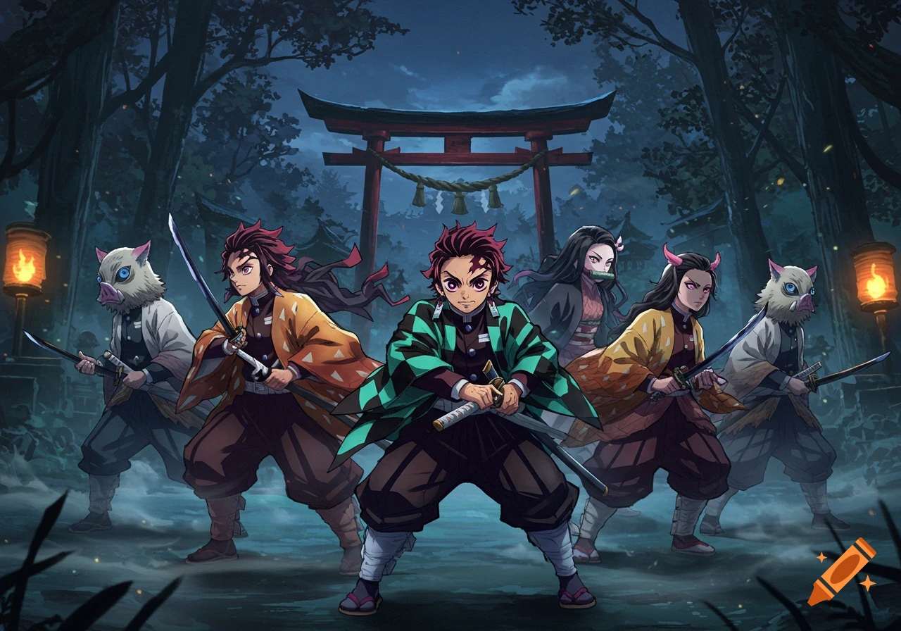 Five Demon Slayer anime characters, including Tanjiro and Nezuko, stand with swords in a dark forest with a Torii gate at night.